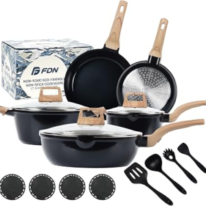 FDN 16Pcs Titanium Pots and Pans Set,Toxic-Free Cookware Set, Dishwasher & Oven Safe, Induction Compatible with Bakelite Wood Grain Handle, Compact and Durable