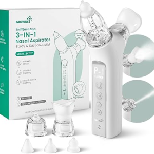 GROWNSY SniffEase Spa 3-in-1 Nasal Aspirator for Baby – Spray, Suction & Mist, Hospital-Grade Powerful Electric Nose Suction with Soothing Light & Music, Larger Chamber (Grey)