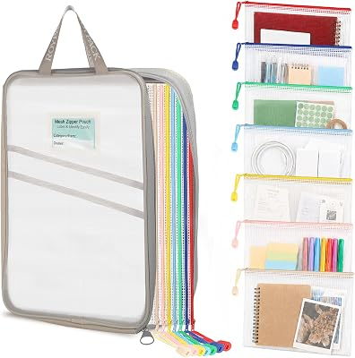 ROYPACK 7 Pack PVC Mesh Zipper Pouch Set with 1 Organizer Bag A4/Letter Size Translucent File Bags Water-Resistant Plastic Document Pouches for Office College School & Travel Supplies (8pcs)