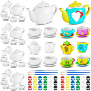 PullCrease 90 Pcs Spring Paint Your Own Tea Set Craft DIY Mini Tea Kit for Kids Ages 8+ Adorable Ceramic Tea Cups to Paint Including Porcelain Dishes Paint Brush for Party Girls Boys Set