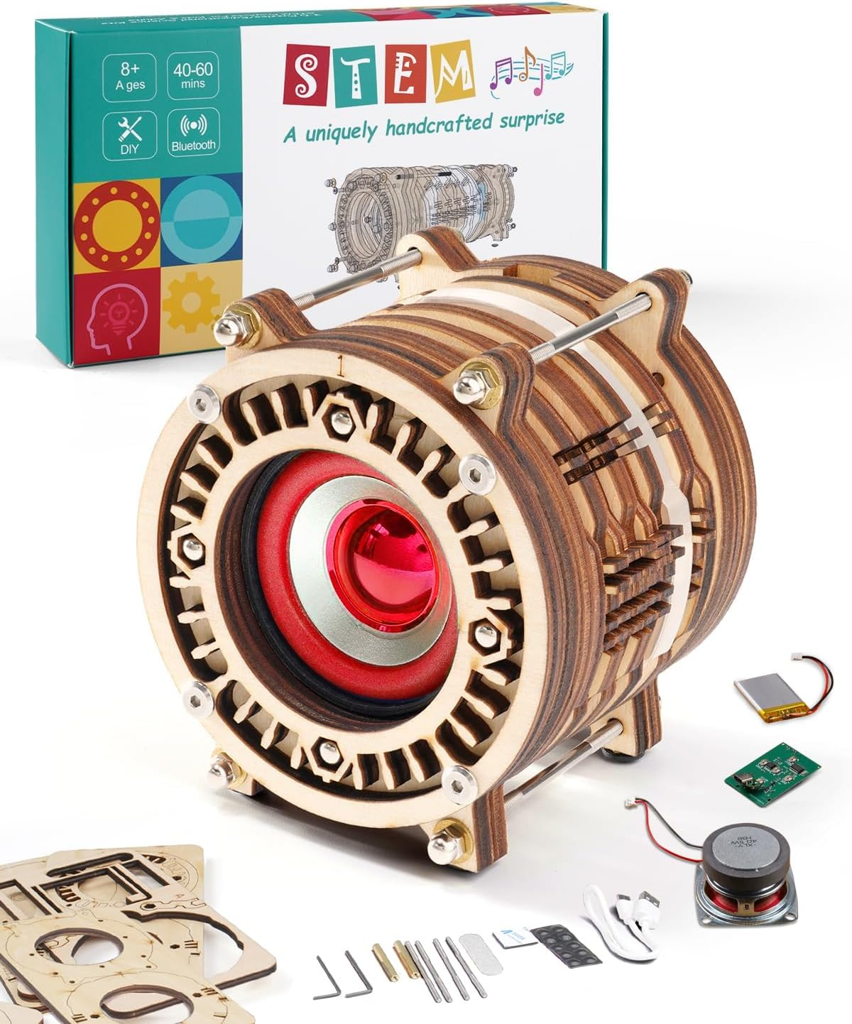 STEM DIY Bluetooth Speaker Kit - STEM Engineering Toys for Kids Ages 8-16. Build Your Own Portable Speaker with Rechargeable Battery. Educational Birthday for Teens, Boys & Girls.(Red)