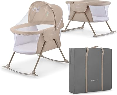 Kinderkraft LOVI Travel Bassinet for Baby, Portable Folding Baby Bed with Built-in Mosquito net, Adjustable Hood and an Additional Cradle Function, Beige