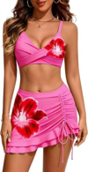 HORISUN Women 3 Piece High Waisted Bikini Skirt Set Tummy Control Swimsuit | with Detachable Swim Skirt Bathing Suit Bottom, Twist-Front Detail, Soft Removable Padded