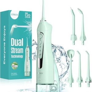 COSLUS ADA Accepted Water Dental Flosser Teeth Pick C20: Portable Cordless Oral Irrigator 300ML Rechargeable Travel Irrigation Cleaner IPX7 Waterproof Electric Flossing Machine, Professional Set Green