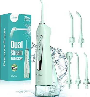 COSLUS ADA Accepted Water Dental Flosser Teeth Pick C20: Portable Cordless Oral Irrigator 300ML Rechargeable Travel Irrigation Cleaner IPX7 Waterproof Electric Flossing Machine, Professional Set Green