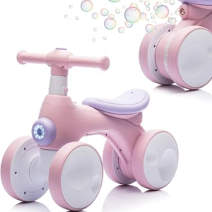 Baby Toddler Balance Bike with Bubble Machine for 1 Year Old Children,4 Wheels Kids Balance Bike w/Bubble Maker,Kids Ride on Toys w/Music,Headlight for Ages 12-36 Months Boys Girls (Light Pink)