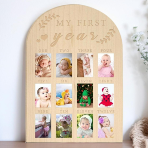 My First Year Photo Board, 12 Months Big Wooden Baby Milestone Display Frame, 1st Birthday Decorations Girl Boy Nursery Keepsake Gift for New Mom, My First Photo Album for Baby