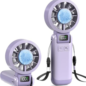 Portable Handheld Fan with Ice Cooling, 5.5m/s Rechargeable Fan, Independent Switch, 5-Speed, LED Display, 12H Battery, Foldable Neck Personal for Travel Essentials, Concerts, Sports – Purple