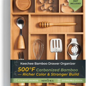 Carbonized Bamboo Kitchen Drawer Organizer, 8 Slots Silverware Organizer, Utensil Holder & Cutlery Tray, 2.2″ Deep for Extra Capacity, Non-Slip Feet Included