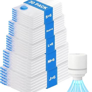 30 Pack Vacuum Storage Bags with Electric Pump, Compression Space Saver Vacuum Seal Bags 6 Jumbo/6 Large/6 Medium/6 Small/6 Roll Up Bags for Clothing Travel Comforters Blankets Pillows Bedding Duvets