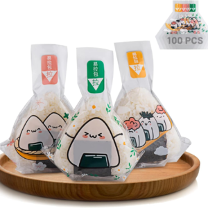 Choxila Triangle Onigiri Wrappers Plastic Rice Balls Bags, 100PCS Japanese Easy Tear Disposable Onigiri baggies with Stickers