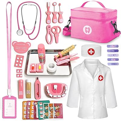 Kids Dentist Play Set, 48 Pcs Doctor Kit for Toddlers 3-5, Pretend Playset for Toddlers with Medical Bag, Stethoscope and Removable Teeth, Educational Wooden Medical Kit for Boys Girls