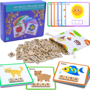 Humerry Spelling Game for Kids Ages 3-8, Word Building & Sight Word Games, Phonics Learning Toy with 100 Wooden Letter Tiles & 30 Double-Sided Flashcards, Preschool Kindergarten Early Reading Game