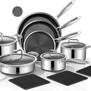 Yoehka 14-Piece Hybrid Stainless Steel Cookware Set, Pots and Pans Set with 3 Silicone Trivets | Induction Compatible Frying Pans, Saucepans, Saute Pan & Stock Pot | Oven Dishwasher Safe, PFOA Free