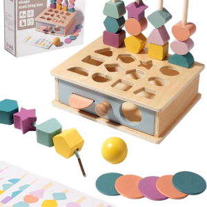 Biottro Montessori Toys for 3 4 5 Year Old – 5 in 1 Learning Education Toy for Toddler Kid Boys Girls – Shape Matching Stacking Color Sorting Beads Lacing Sensory Fidget Gifts