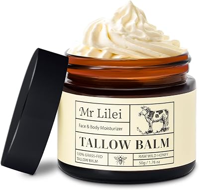 Lilei Beauty Beef Tallow for Skin - 100% Organic Grass-Fed Beef Tallow Balm with Raw Honey, Natural Whipped Face Moisturizer & Body Butter for Dry & Sensitive Skin, Non-Greasy (Unscented, 50