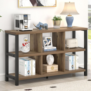 FOLUBAN 6 Cube Storage Organizer with Shelf, Industrial Horizontal Bookshelf, Low Cubby Bookcase for Living Room Bedroom, 47 Inch Oak