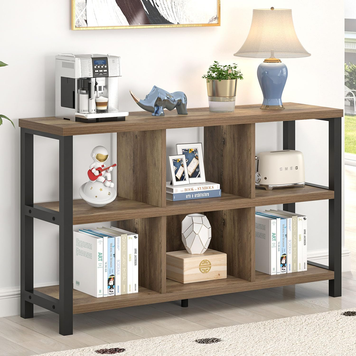 FOLUBAN 6 Cube Storage Organizer with Shelf, Industrial Horizontal Bookshelf, Low Cubby Bookcase for Living Room Bedroom, 47 Inch Oak