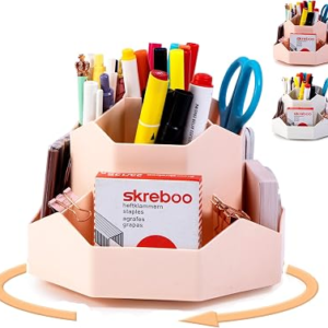 bibiage Pencil Pen Holder, 360° Rotating Pen Holder, Desk Organizer with 9 Slots, Desktop Stationery Storage for Office, School & Home, Art Supplies Desktop Decor, Pink
