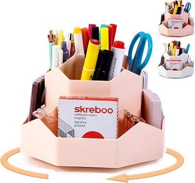 bibiage Pencil Pen Holder, 360° Rotating Pen Holder, Desk Organizer with 9 Slots, Desktop Stationery Storage for Office, School & Home, Art Supplies Desktop Decor, Pink