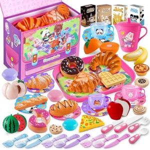 Drefirsa Girl Play Food-Tea Party Set, Plastic Play Kitchen Toy Accessories with Pink Picnic Case, Cutting Fruit, Bread, Pot, Cup, Toddler Girl Toy for 2 3 4 5 6 Year Birthday Gift