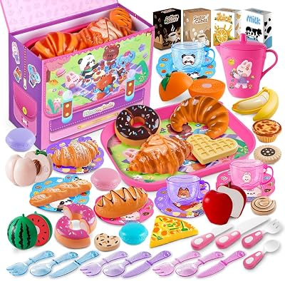 Drefirsa Girl Play Food-Tea Party Set, Plastic Play Kitchen Toy Accessories with Pink Picnic Case, Cutting Fruit, Bread, Pot, Cup, Toddler Girl Toy for 2 3 4 5 6 Year Birthday Gift