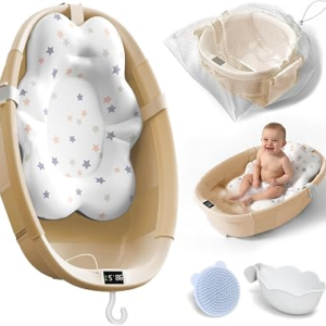 Collapsible Baby Bathtub – Large Baby Bath Tub with Thermometer | Bath Essential Bañera para Bebe Easy Fold Baby Tub | Travel Infant Newborn Toddler Bathtub for Baby Girl Boy 0 to 36 Months(Khaki)