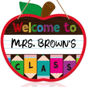 WaaHome Welcome Sign for Classroom Door Decorations 11.3″x12″ Personalized Apple-shape Teacher Door Sign Back to School Welcome to Our Classroom Sign Teacher Name Sign for Classroom Door Teacher Supplies