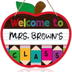 WaaHome Welcome Sign for Classroom Door Decorations 11.3″x12″ Personalized Apple-shape Teacher Door Sign Back to School Welcome to Our Classroom Sign Teacher Name Sign for Classroom Door Teacher Supplies