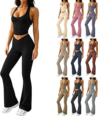 Workout Sets For Women 2 Piece Crop Tank Cross Waist Flare Leggings