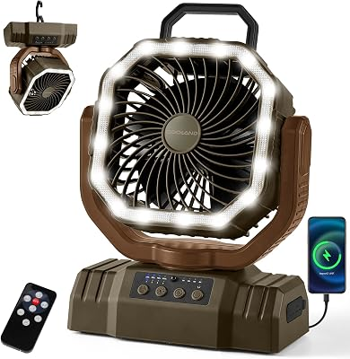 Odoland Portable Camping Fan with LED Lantern, 20000mAh Rechargeable Battery Powered Fan with Auto Oscillation, Timer, Remote, 360° Rotation Hook, 4 Speeds for Power Outage Travel Home,Brown