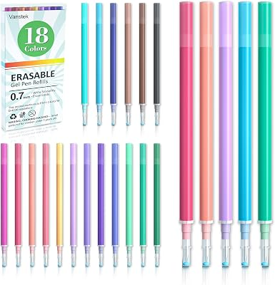Vanstek 18 Assorted Colors Erasable Pen Refills, Gel Ink Refills Compatible with Erasable Pens, Fine Point 0.7 mm, Perfect for Writing Planner & Crossword Puzzles
