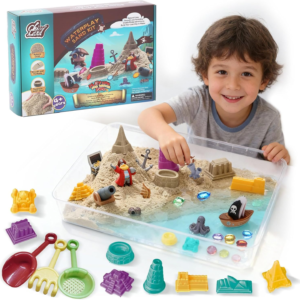 Chico Land Waterplay & Sensory Sand Kit – 2.2lb Pirate Adventure Play Sand for Kids Ages 4+, Water & Sandbox Play with Molds, Gems & Tools, Mess-Free, Non-Toxic Sensory Bin Filler​