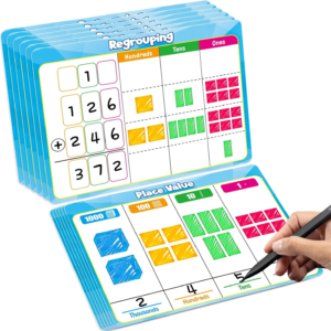 PraxiKidy 12 PCS Place Value Chart Dry Erase Flash Cards,Regrouping Math Manipulatives Base Ten Addition and Subtraction 1st 2nd 3rd Grade Classroom Must Haves Teacher Homeschool Supplies Math Games