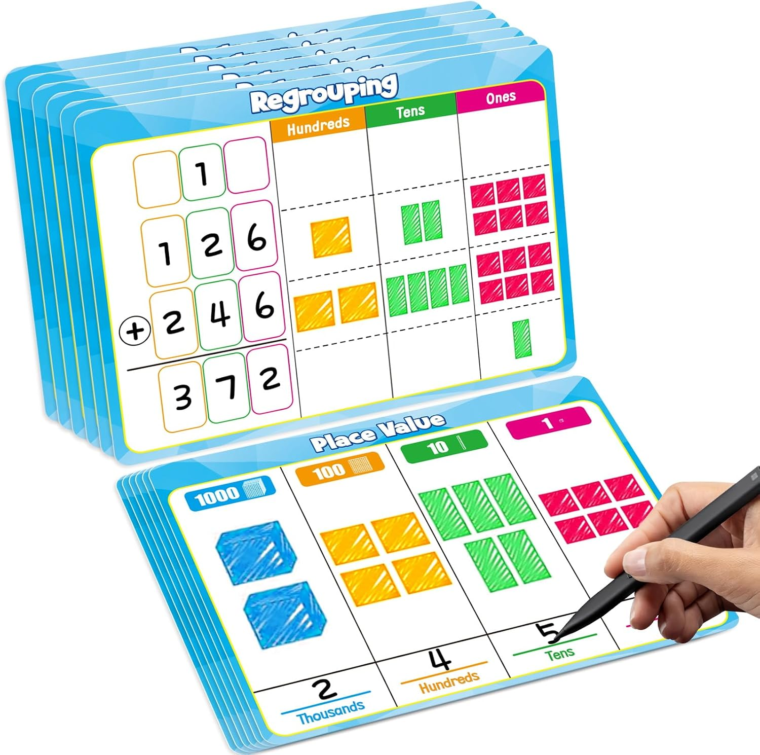 PraxiKidy 12 PCS Place Value Chart Dry Erase Flash Cards,Regrouping Math Manipulatives Base Ten Addition and Subtraction 1st 2nd 3rd Grade Classroom Must Haves Teacher Homeschool Supplies Math Games