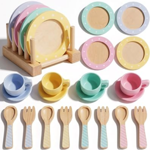 Wooden Play Dishes Set, Kids Montessori Play Kitchen Accessories | 21 Pcs Plates and Cup Set, Utensils Play Food, Pretend Cooking Toys for Ages 3-5, Educational Gift for Toddler