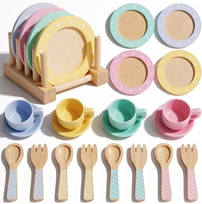 Wooden Play Dishes Set, Kids Montessori Play Kitchen Accessories | 21 Pcs Plates and Cup Set, Utensils Play Food, Pretend Cooking Toys for Ages 3-5, Educational Gift for Toddler