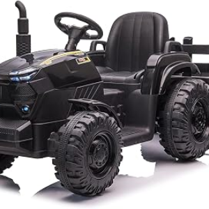 Garvee Kids Ride On Tractor with Trailer, 12V Electric Ride On Car with 35W Dual Motors, 3-Speed Gear Shift, LED Lights, Music & USB, Battery Powered Ride On Toy for Boys & Girls Ages 3+, Black