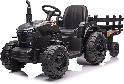Garvee Kids Ride On Tractor with Trailer, 12V Electric Ride On Car with 35W Dual Motors, 3-Speed Gear Shift, LED Lights, Music & USB, Battery Powered Ride On Toy for Boys & Girls Ages 3+, Black