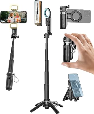 USKEYVISION Magnetic Pocket Selfie Stick for iPhone with Light for MagSafe 4 in 1 Portable Pocket Phone Tripod for iPhone & Android W/Rechargeable Remote, Removable Phone Clip, Video Recording(MPT-02)