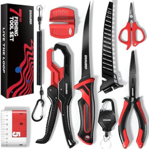 Fishing Tools Kit, 7pc Fishing Pliers Kit with Fillet Knife, Split Ring Pliers, Braid Scissors, Fish Gripper, Ruler, Sharpener & Lanyard, Saltwater & Freshwater Fishing Gear & Fishing Gifts for Men