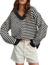 UNCLECAT Womens Striped Checkered Sweater