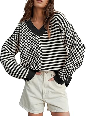 UNCLECAT Womens Striped Checkered Sweater
