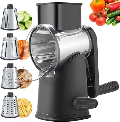 Weltonhm Rotary Cheese Grater with 4 Blades, Large Hand Crank Cheese Grater with Waffle Slicer, Black and White Cheese Slicer with Suction Base, Easier for Shredding& Grating (black, 4 Graters)