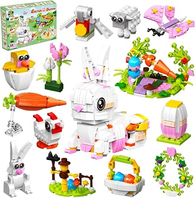 BAOXUE Easter Basket Stuffers, 12 in 1 Easter Bunny Animal Toy Building Set, Easter Gifts for Kids, Teen Easter Basket Stuffers for Boys Girls, Prefilled Easter Eggs for Building Blocks