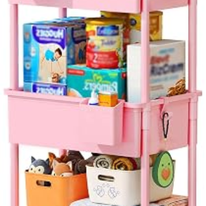 SUNALLY Baby Diaper Caddy Cart, 3 Tier Rolling Diaper Cart with Lockable Wheels for Nursery Essentials, Large Capacity & Easy Assemble Diaper Storage Organizer for Newborn,New Mom, Pink