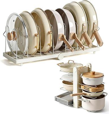 Foldable Pots and Pans Organizer Under Cabinet, 8 Adjustable Stainless Steel Dividers,28.5" L x 9.1" W x 9.9" H Expanded, Folds Flat, Heavy Duty Kitchen Cabinet Organizer with Lid Holder