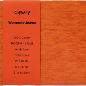 CuppaClip Leather Watercolor Journal, 300gsm/140lb 100% Cotton Cold Press Water ColorPaper, 20 Sheets Acid-Free Watercolor Sketchbook Art Notebook for Painting, Drawing, Travel (Orange, 8.3×5.8in)