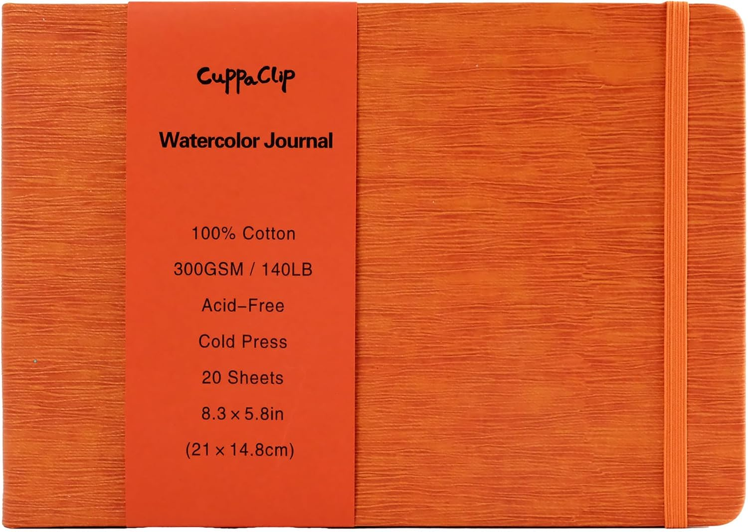 CuppaClip Leather Watercolor Journal, 300gsm/140lb 100% Cotton Cold Press Water ColorPaper, 20 Sheets Acid-Free Watercolor Sketchbook Art Notebook for Painting, Drawing, Travel (Orange, 8.3x5.8in)