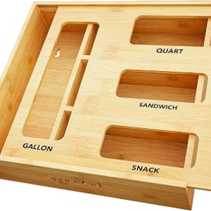 SpaceAid Bag Storage Organizer for Kitchen Drawer, Bamboo Organizer, Compatible with Gallon, Quart, Sandwich and Snack Variety Size Bag (1 Box 4 Slots)